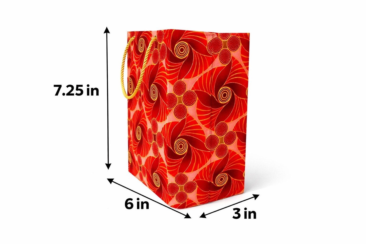 Red, maroon, pink, & gold extra small gift bag with abstract design 7.25H in x 6W in x 3D in dimensions shown on a white background