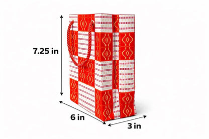 Red, white, & gold extra small gift bag with abstract design 7.25H in x 6W in x 3D in dimensions shown on a white background