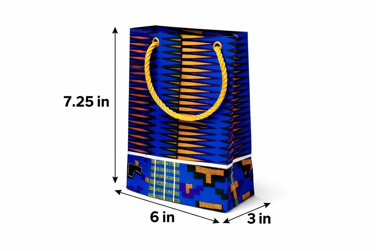 Royal blue, blue, black, white, & gold extra small gift bag with abstract design 7.25H in x 6W in x 3D in dimensions shown on a white background