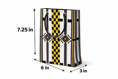 White, black, & gold extra small gift bag with abstract design 7.25H in x 6W in x 3D in dimensions shown on a white background