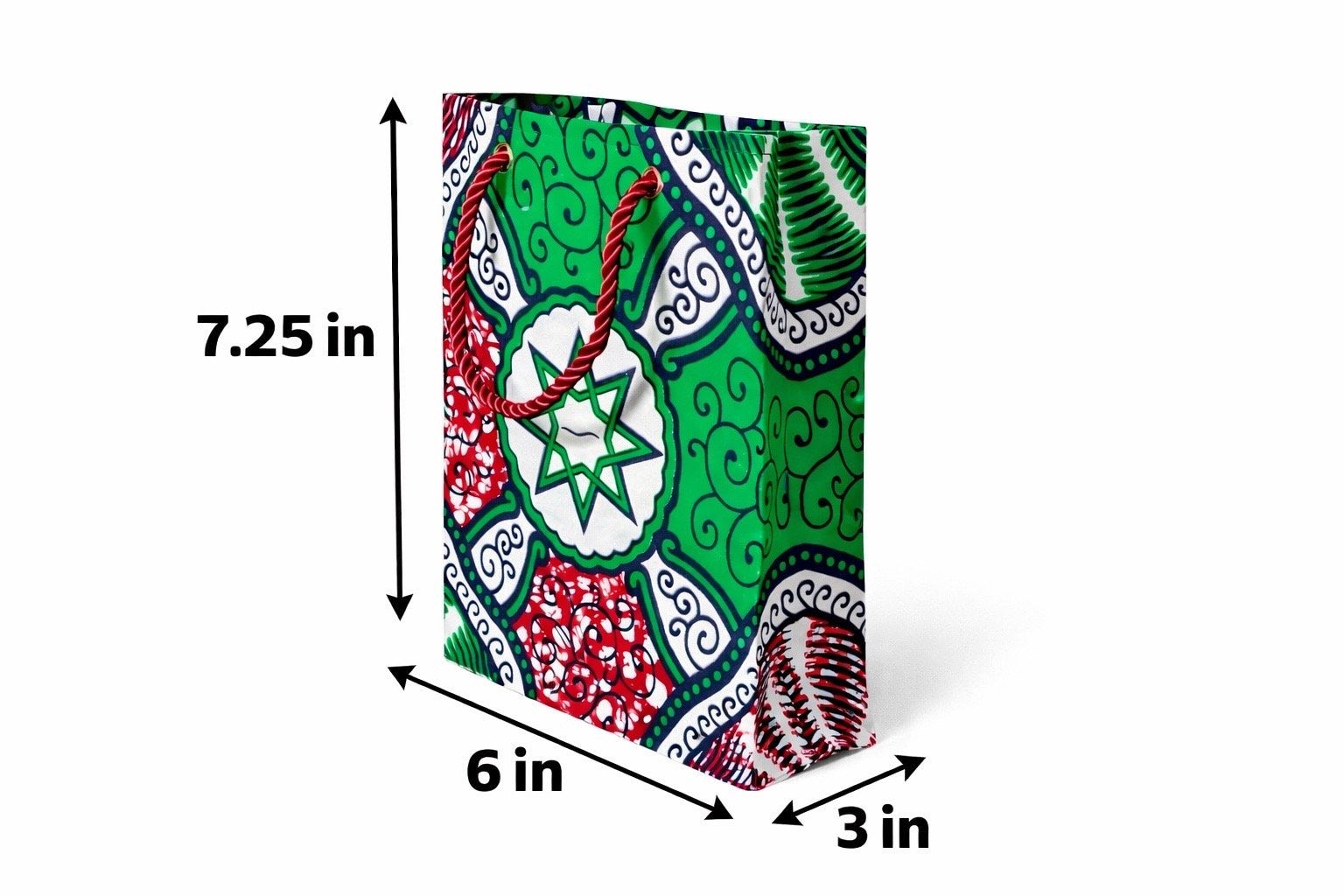 Green, red, white, & black extra small gift bag with abstract design 7.25H in x 6W in x 3D in dimensions shown on a white background