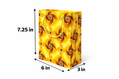 Yellow, orange, brown, & gold extra small gift bag with abstract design 7.25H in x 6W in x 3D in dimensions shown on a white background