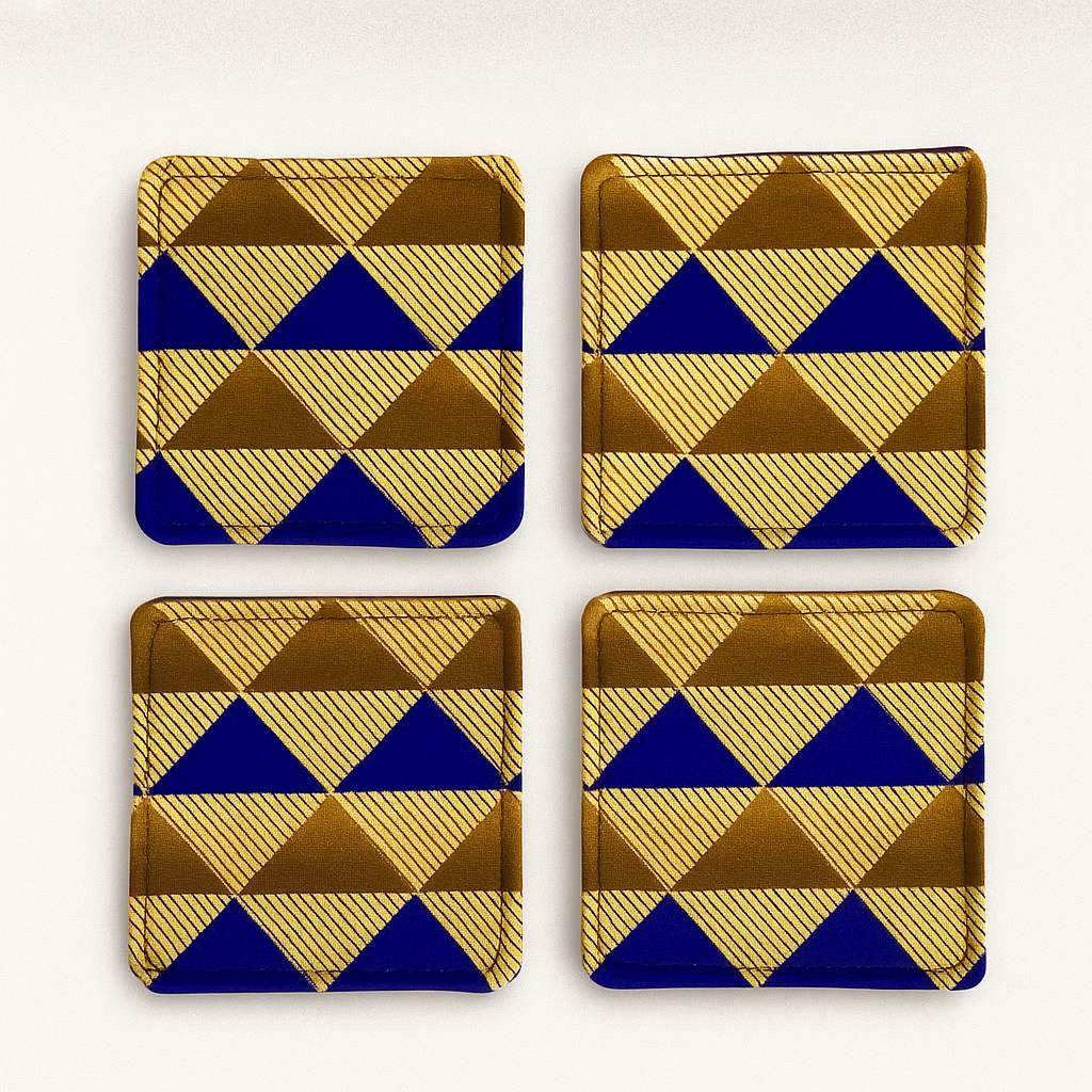 Back view of set of 4 gold, blue, & brown African fabric coasters on white background
