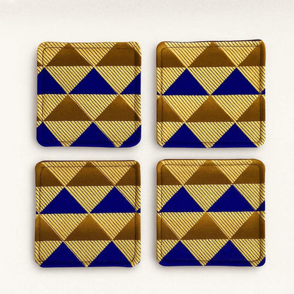 Back view of set of 4 gold, blue, & brown African fabric coasters on white background