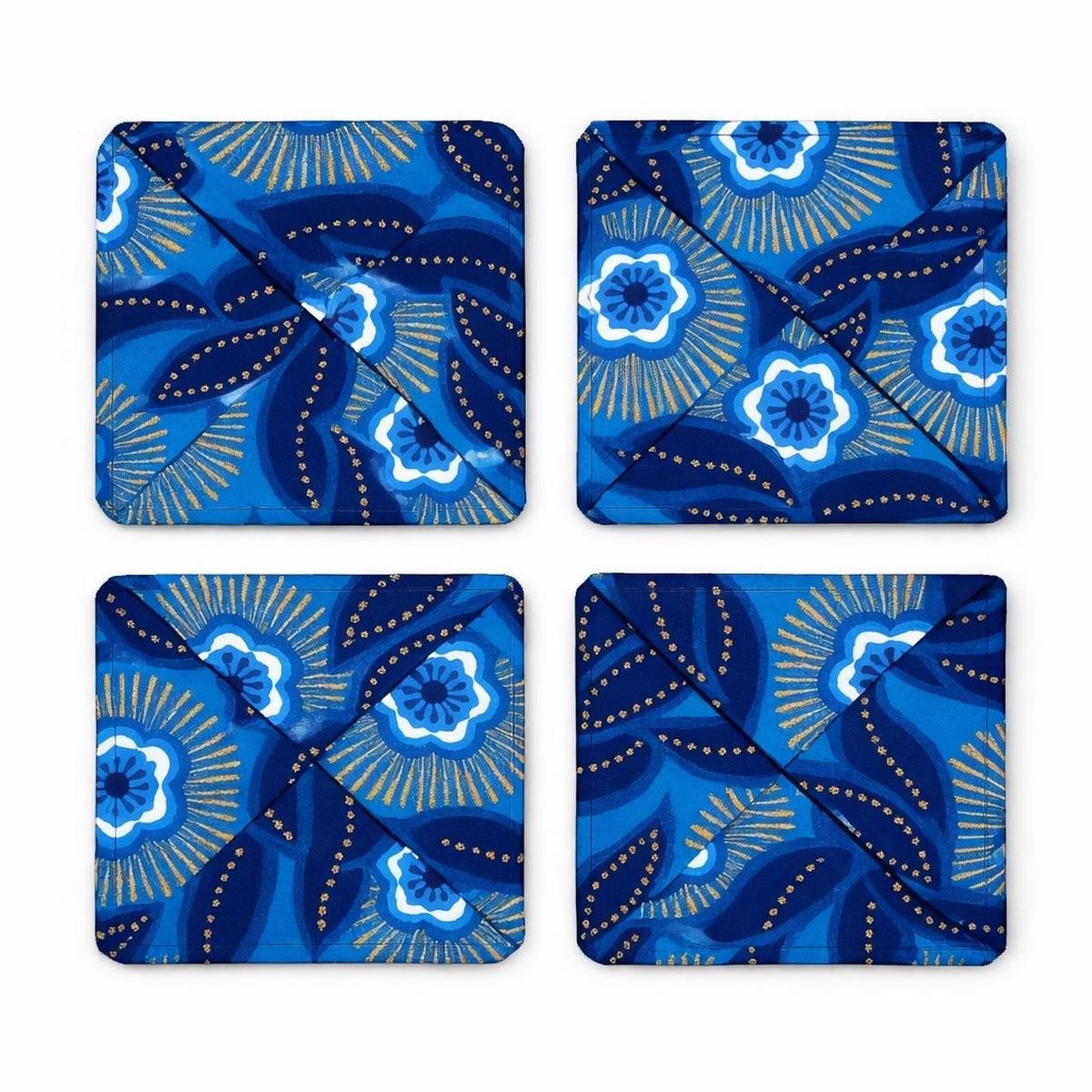 Set of 4 dark blue, blue, white, & gold African fabric coasters on white background