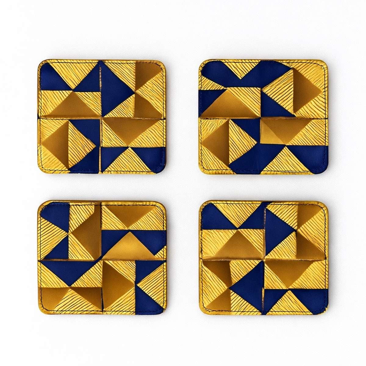 Set of 4 gold, dark blue, & brown African fabric coasters on white background