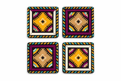 Set of 4 green, purple, beige, white, yellow, & black African fabric coasters on white background