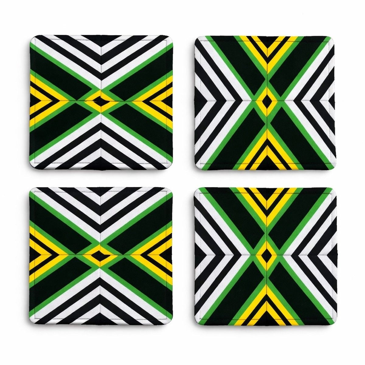 Set of 4 black, green, yellow, & white African fabric coasters on white background