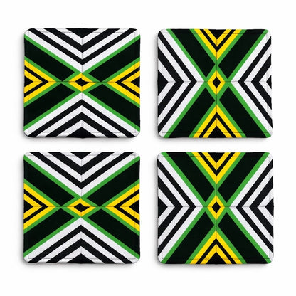 Set of 4 black, green, yellow, & white African fabric coasters on white background