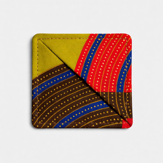 Green, brown, red, & yellow corner bookmark on light gray background