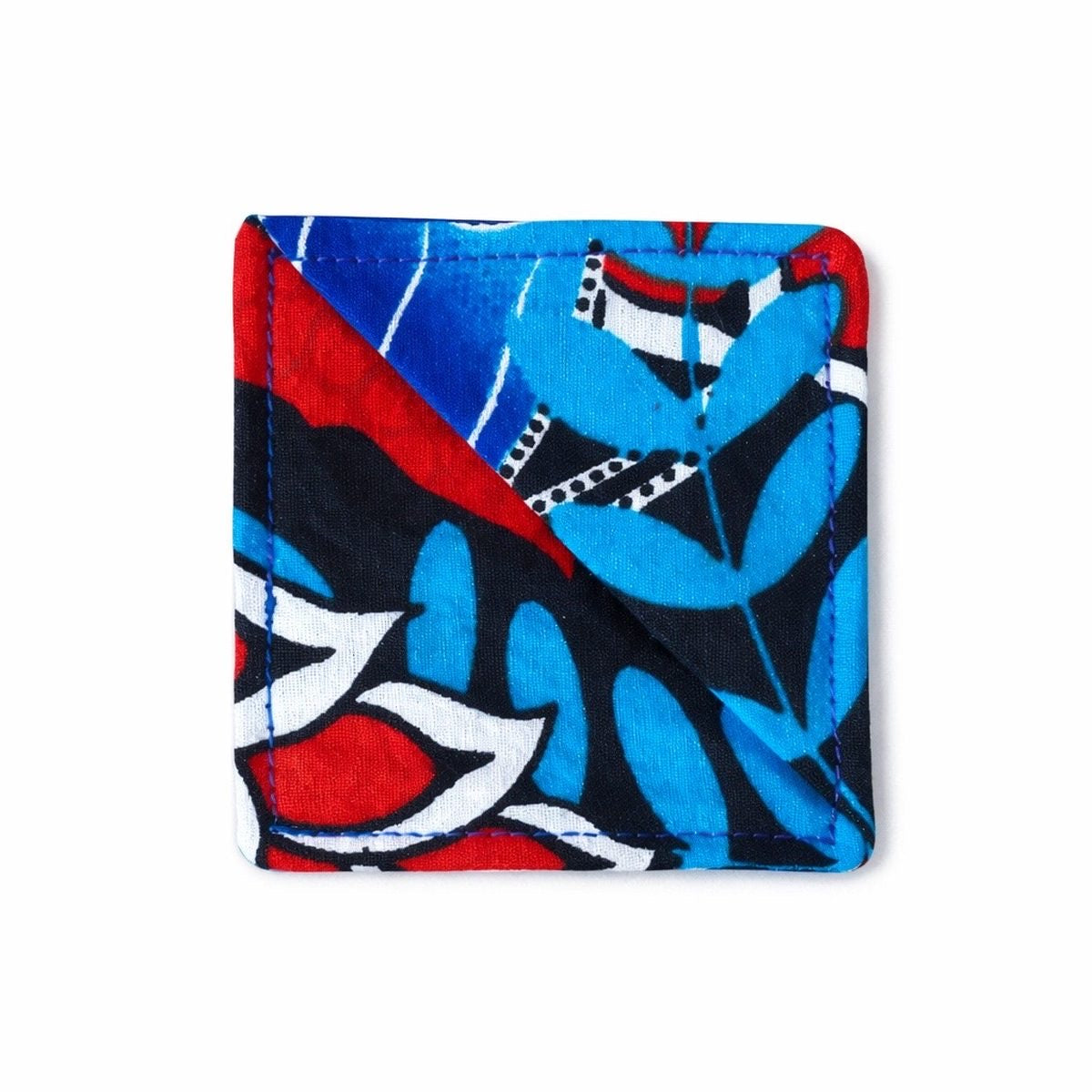 Black, yellow, red, blue & white corner bookmark on light gray background