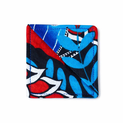 Black, yellow, red, blue & white corner bookmark on light gray background