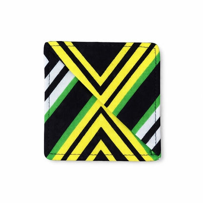 Black, green, yellow, & white corner bookmark on light gray background