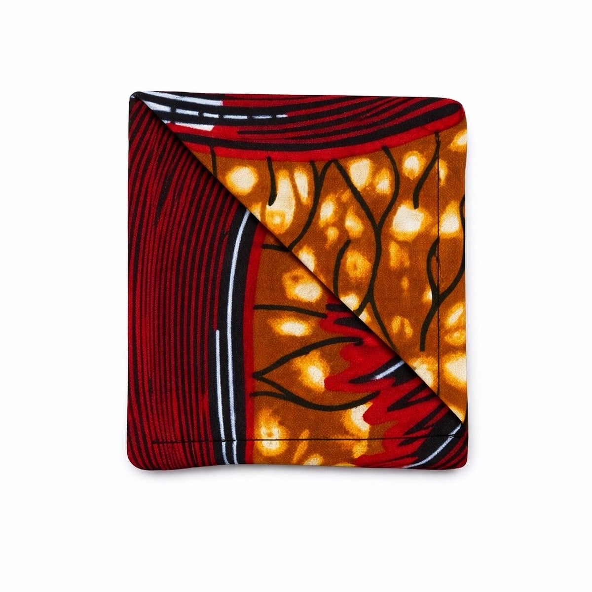 Brown, cream, maroon, dark blue, & white corner bookmark on light gray background