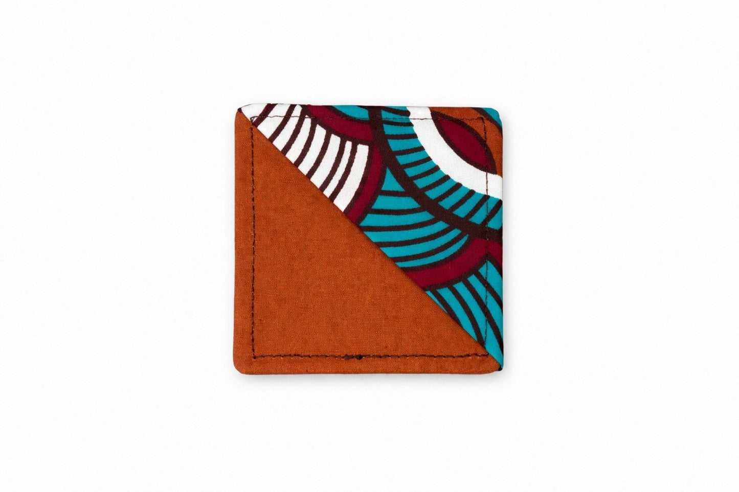 Brown, maroon, turquoise, & white corner bookmark on light gray background