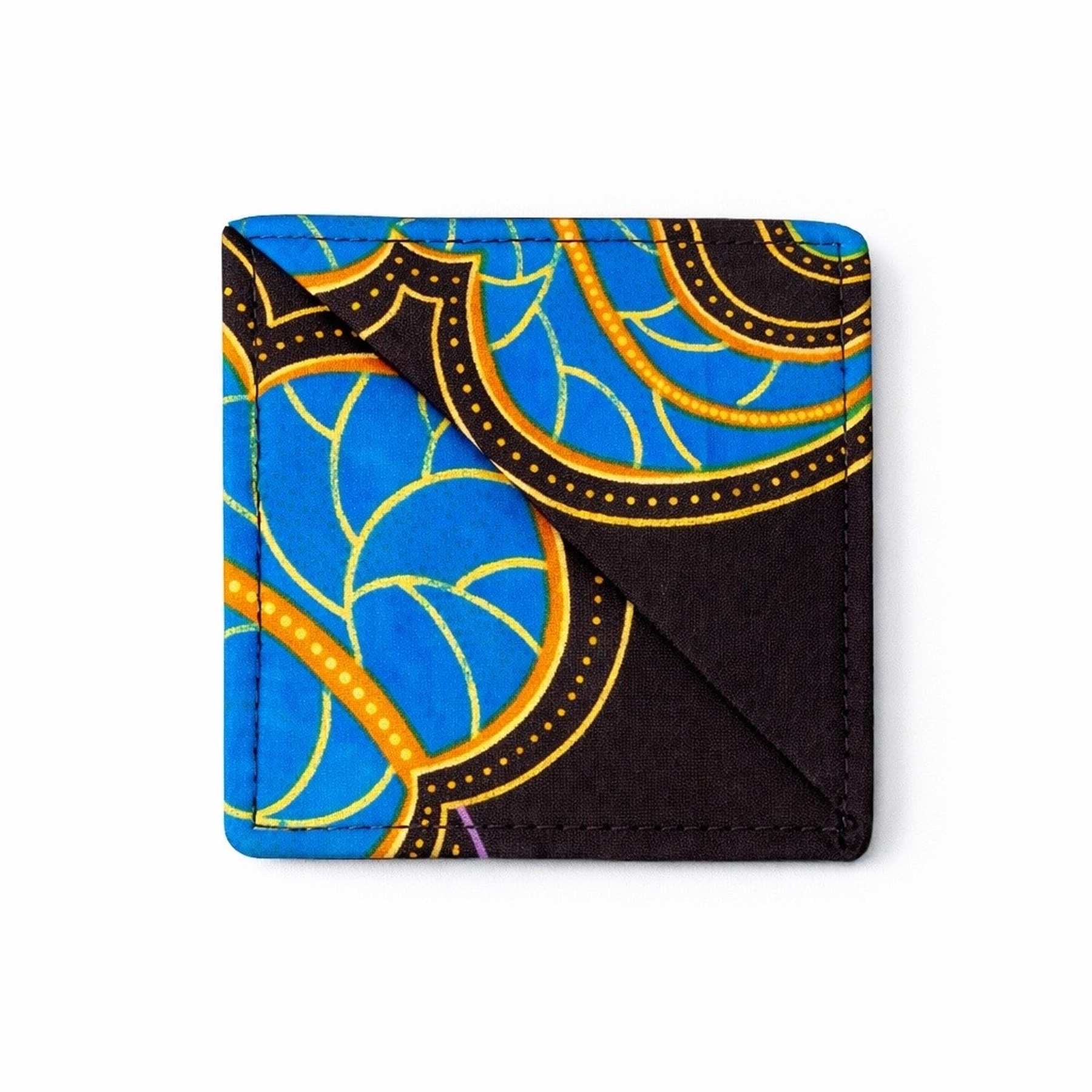 Dark brown, blue, yellow, & red corner bookmark on light gray background