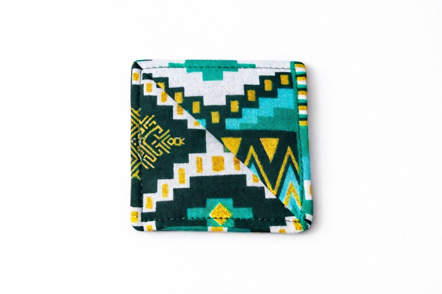 Green, dark green, white, & gold corner bookmark on light gray background