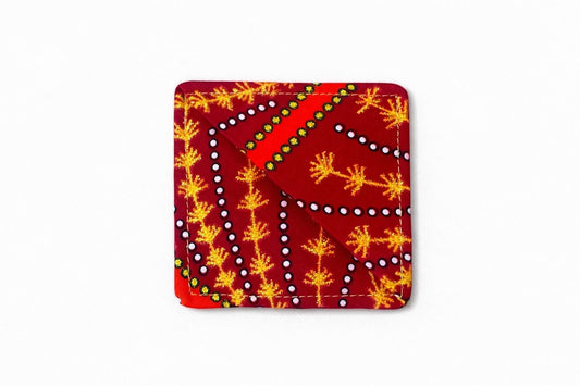 Maroon, orange, white, & gold corner bookmark on light gray background