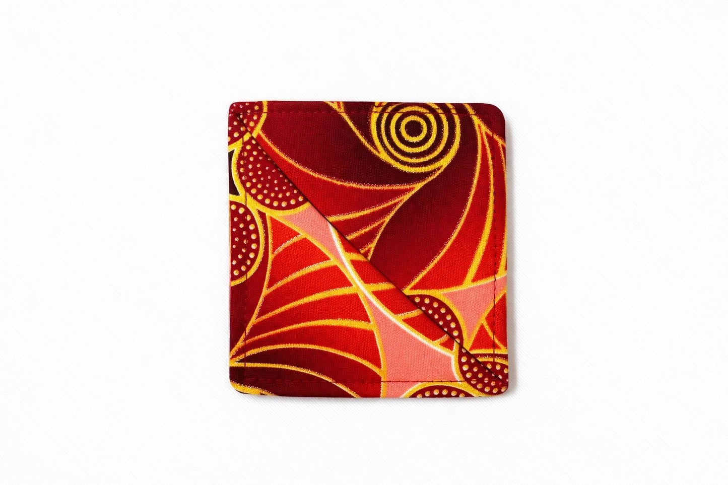 Red, maroon, pink, & gold corner bookmark on light gray background
