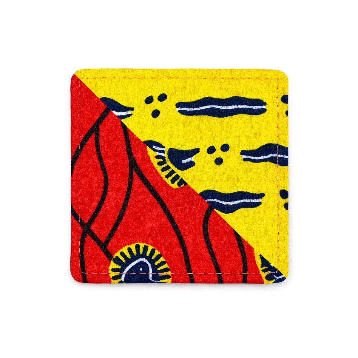 Yellow, red, dark blue, & white corner bookmark on light gray background