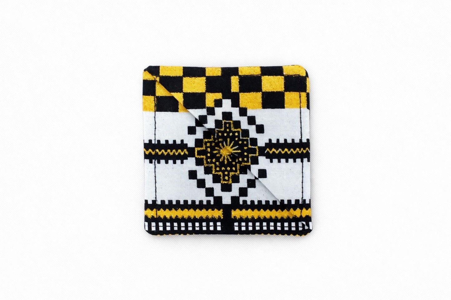 white, black, & gold corner bookmark on light gray background