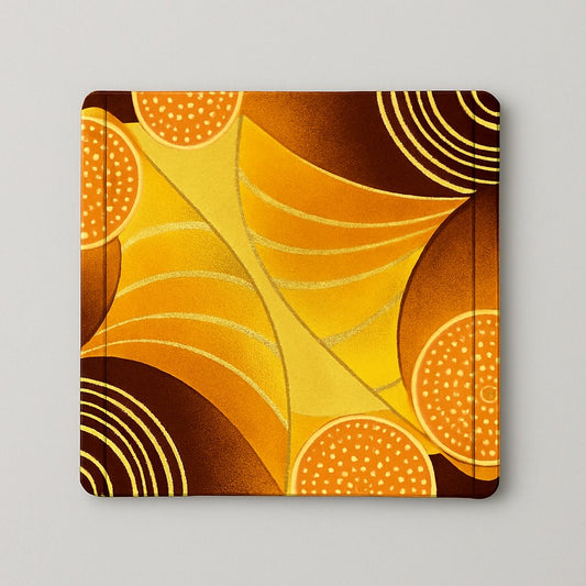 Yellow, brown, orange & gold corner bookmark on light gray background