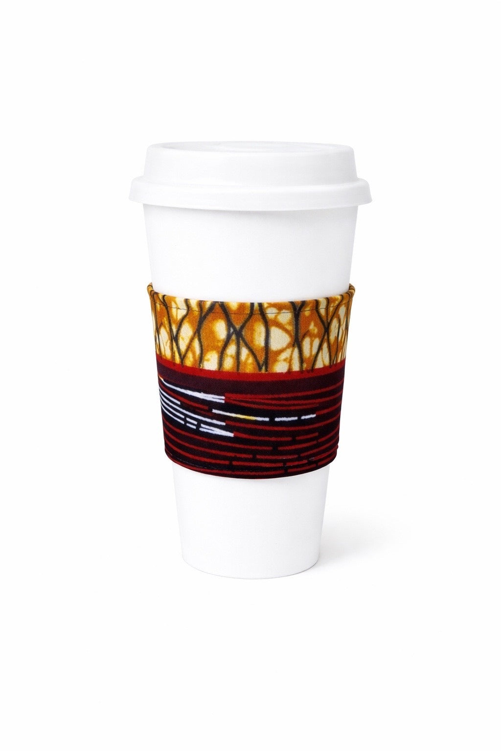 Cream, dark blue, brown, red & white African wax print cup sleeve on coffee cup