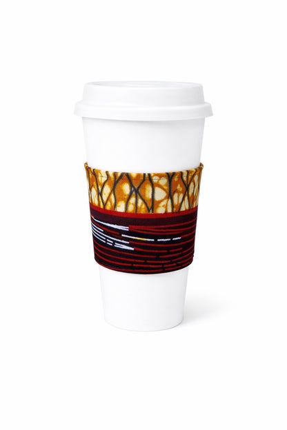 Cream, dark blue, brown, red & white African wax print cup sleeve on coffee cup