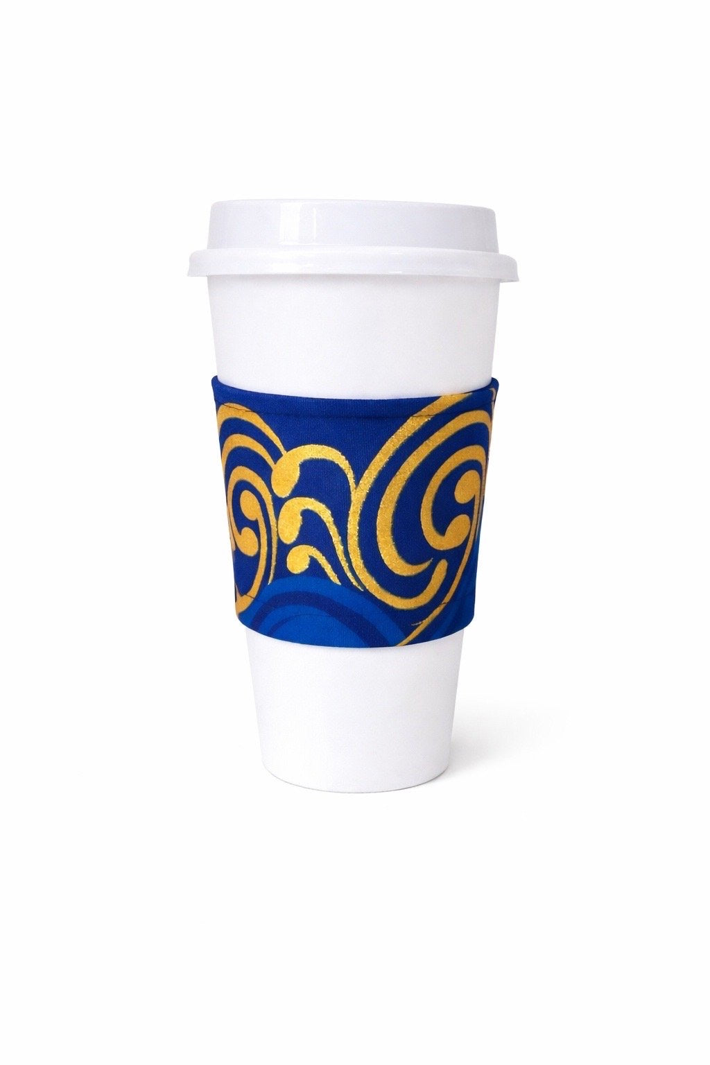 Dark blue, blue, white, & gold African wax print cup sleeve on coffee cup