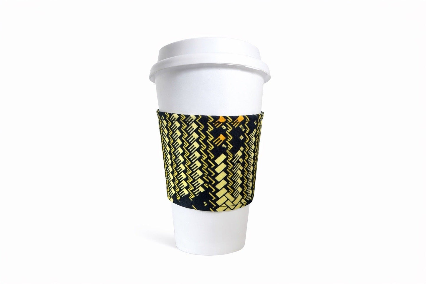 Dark blue, yellow, gold, & red African wax print cup sleeve on coffee cup
