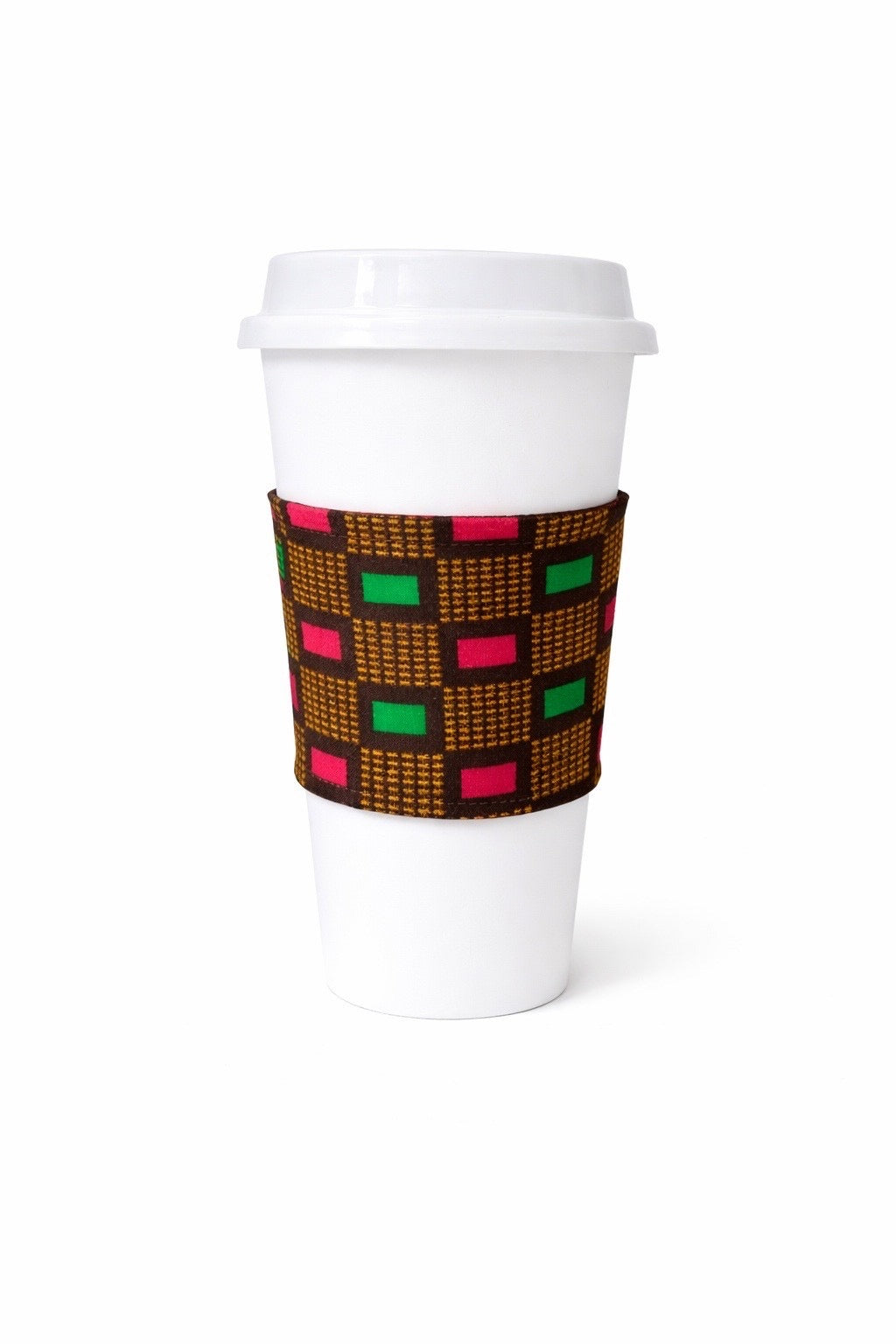 Fuchsia, blue, dark brown, green, & gold African wax print cup sleeve on coffee cup