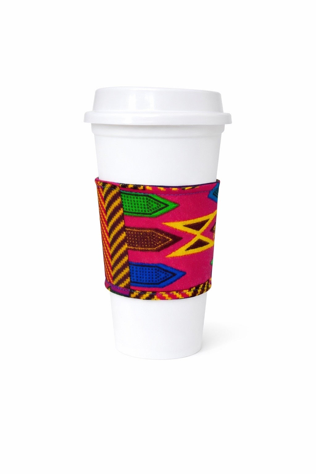 Fuchsia, green, blue, dark brown, & gold African wax print cup sleeve on coffee cup