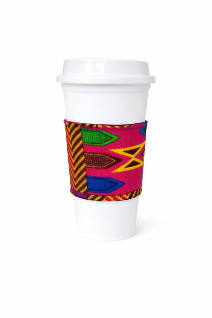 Fuchsia, green, blue, dark brown, & gold African wax print cup sleeve on coffee cup