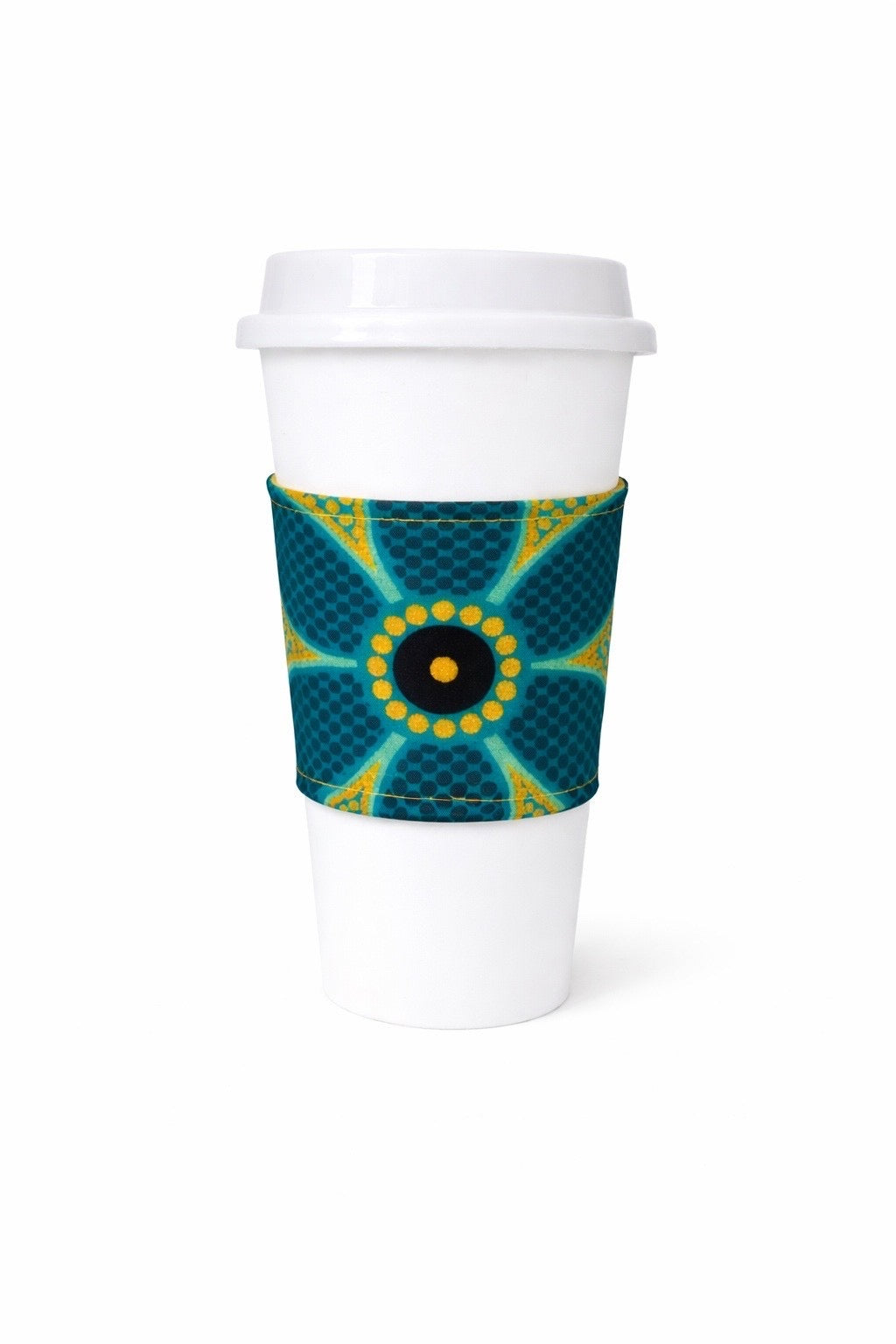 Green, dark green, black, & gold African wax print cup sleeve on coffee cup