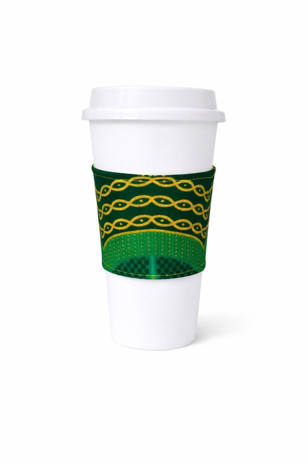 Green, dark green, black, & gold African wax print cup sleeve on coffee cup