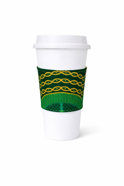 Green, dark green, black, & gold African wax print cup sleeve on coffee cup