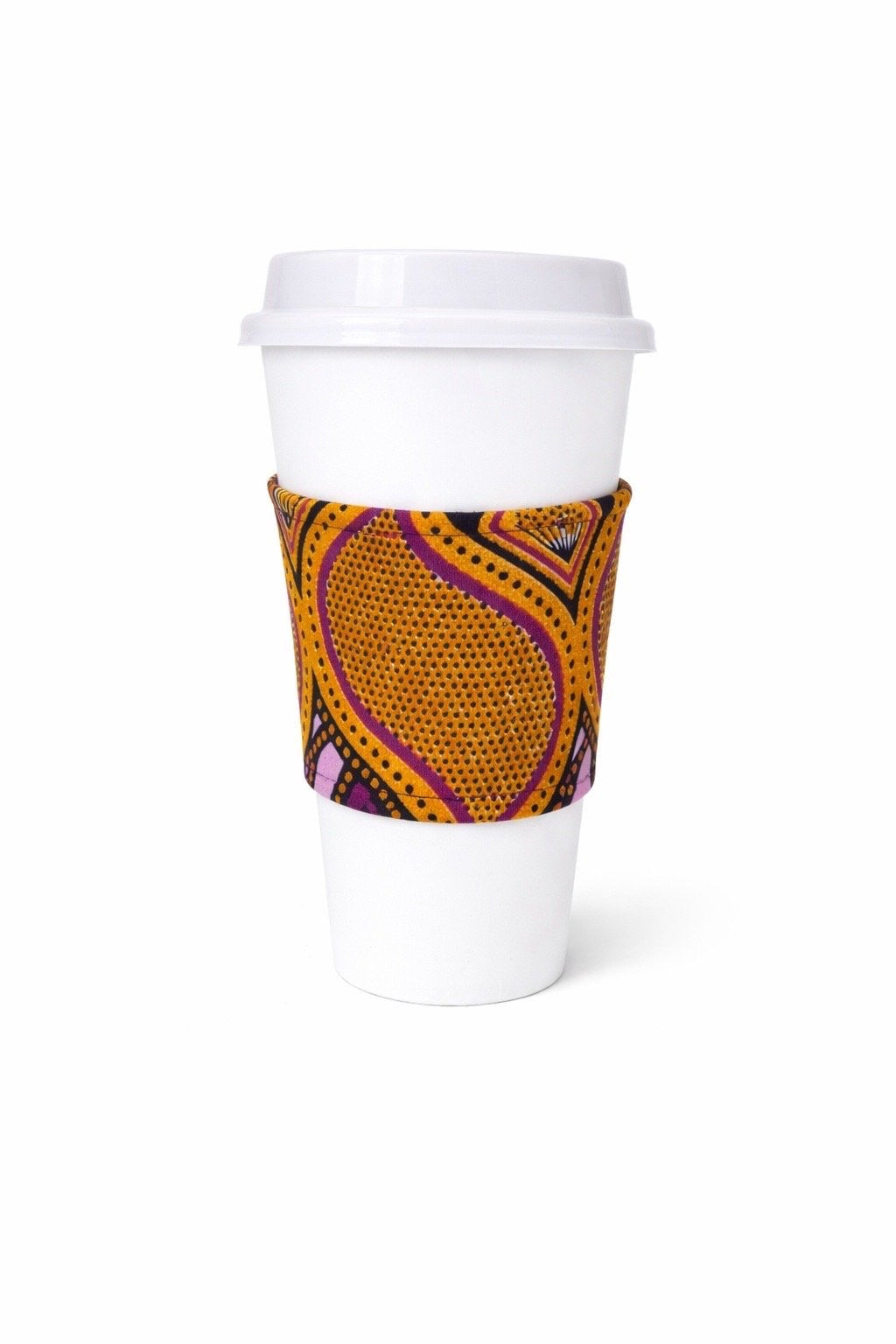 Dark purple, lavender, purple, & gold African wax print cup sleeve on coffee cup