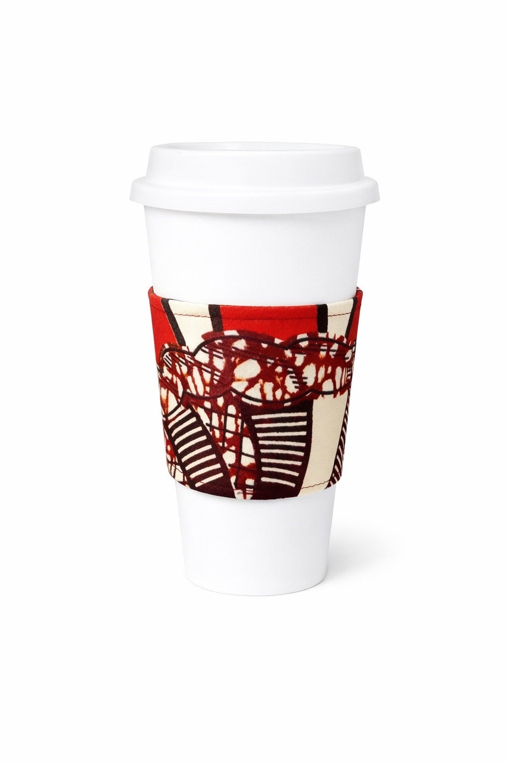 Red, cream, & dark brown African wax print cup sleeve on coffee cup