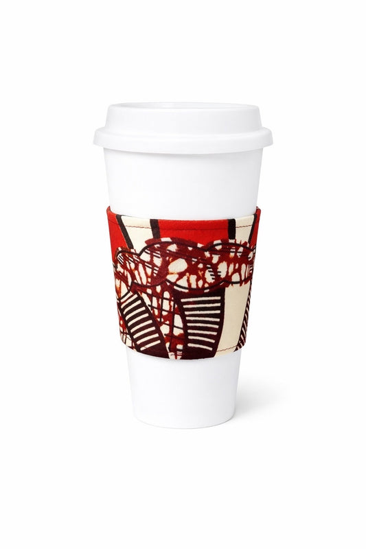Red, cream, & dark brown African wax print cup sleeve on coffee cup