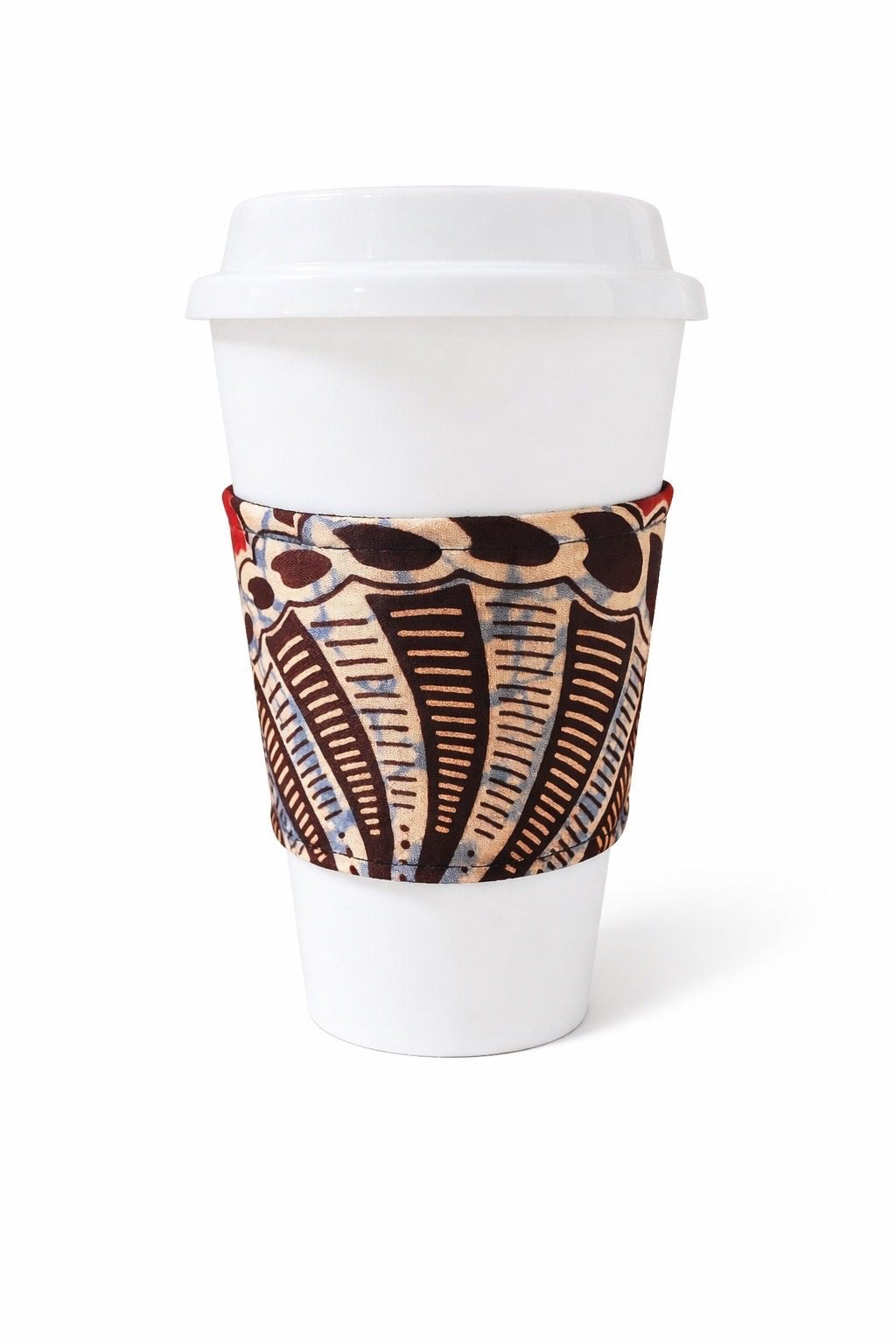 Red, dark brown, & cream African wax print cup sleeve on coffee cup