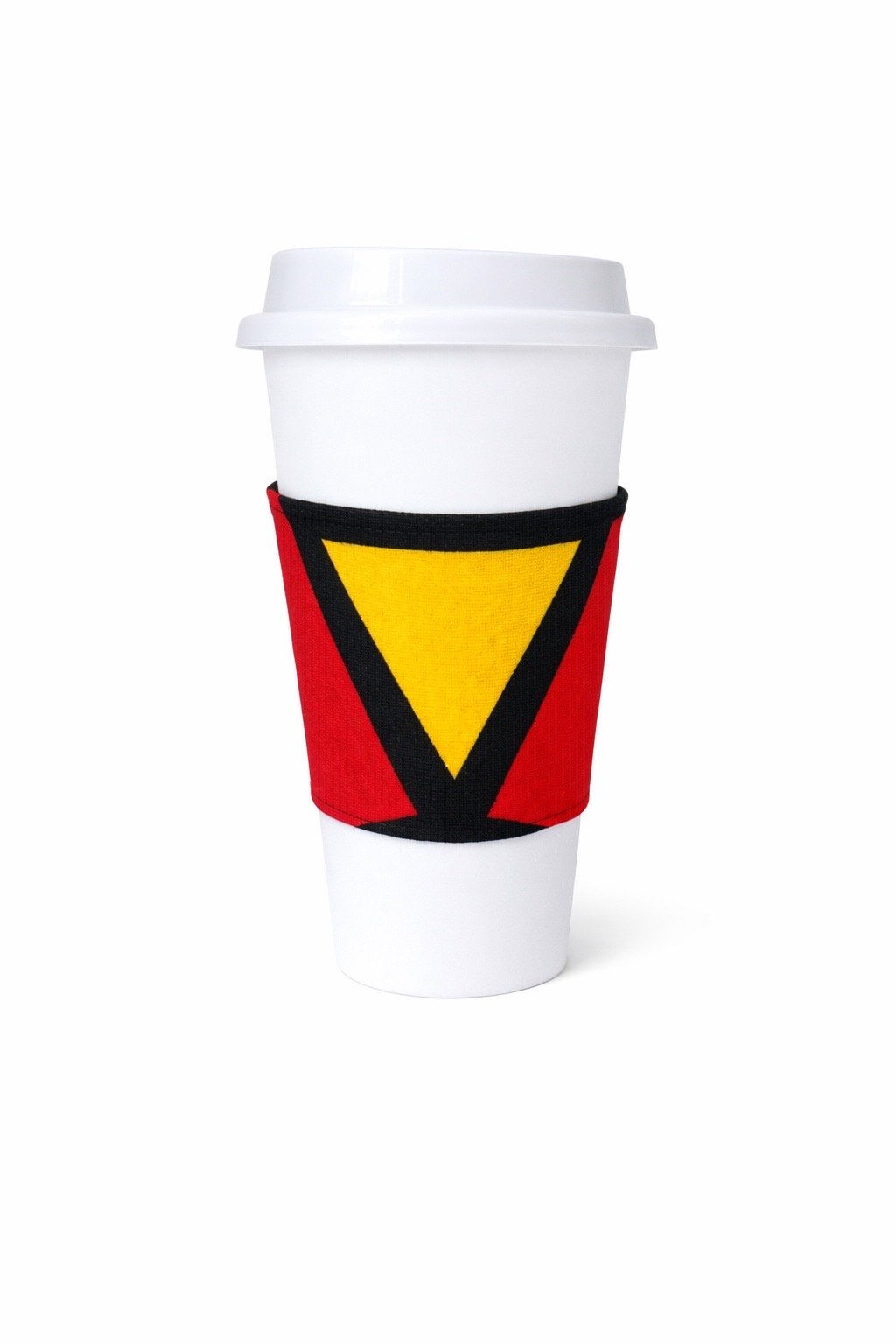 Red, yellow, black, & white African wax print cup sleeve on coffee cup