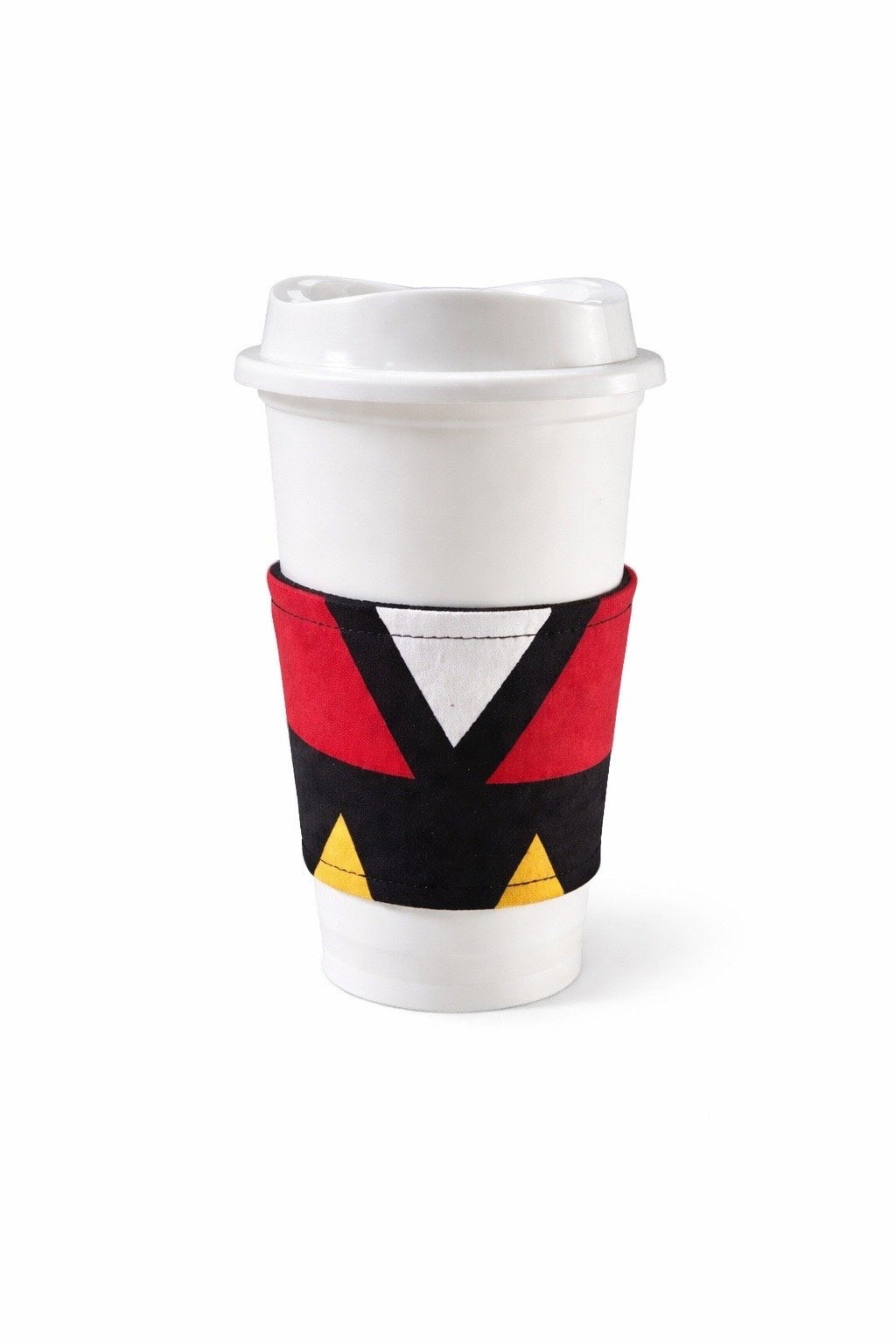 Red, yellow, black & white African wax print cup sleeve on coffee cup