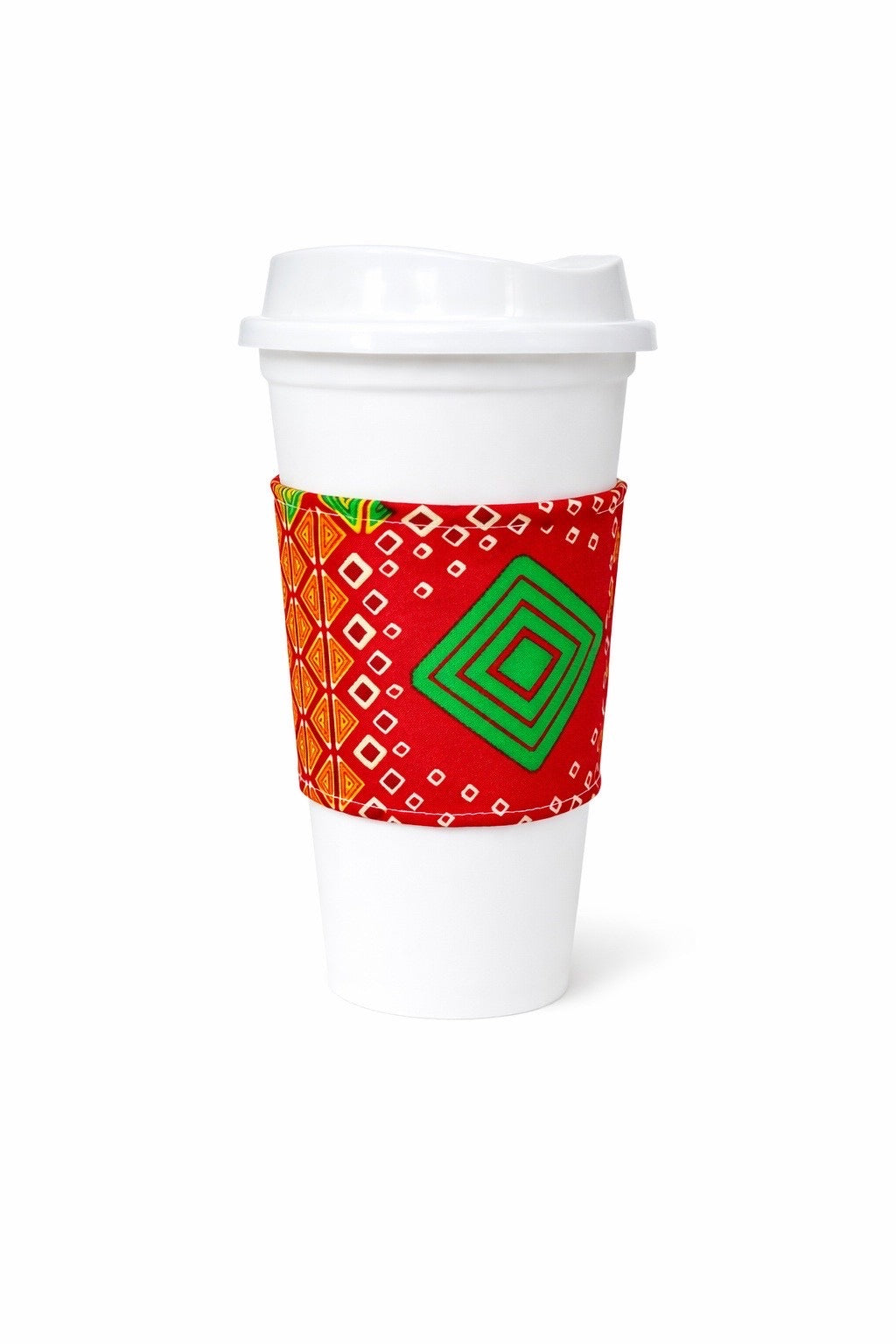 Red, green, orange, yellow & white African wax print cup sleeve on coffee cup
