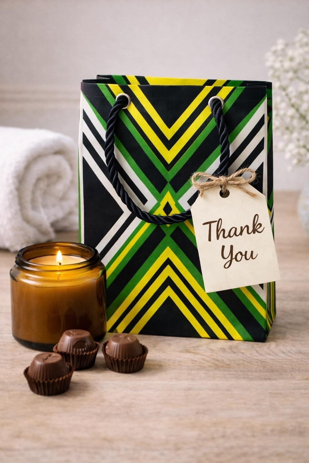 Black, green, yellow, & white handmade African fabric extra small gift bag in lifestyle shot