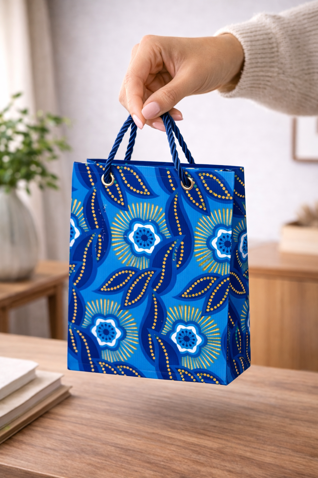 Blue, dark blue, white, & gold handmade African fabric extra small gift bag in lifestyle shot