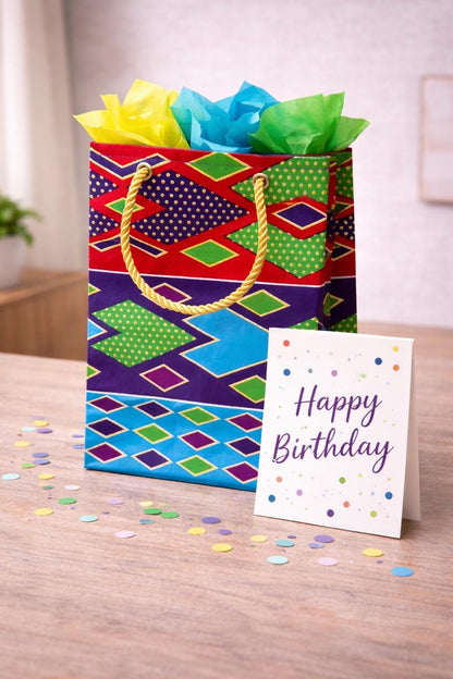Dark purple, red, green, turquoise, & gold handmade African fabric extra small gift bag with a birthday card and tissue paper in lifestyle shot