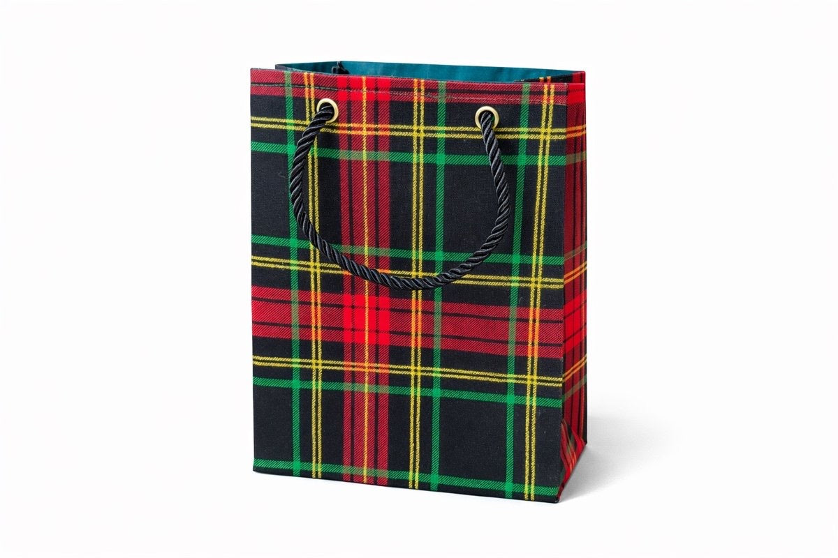 Black, red, green & gold extra small gift bag on white background