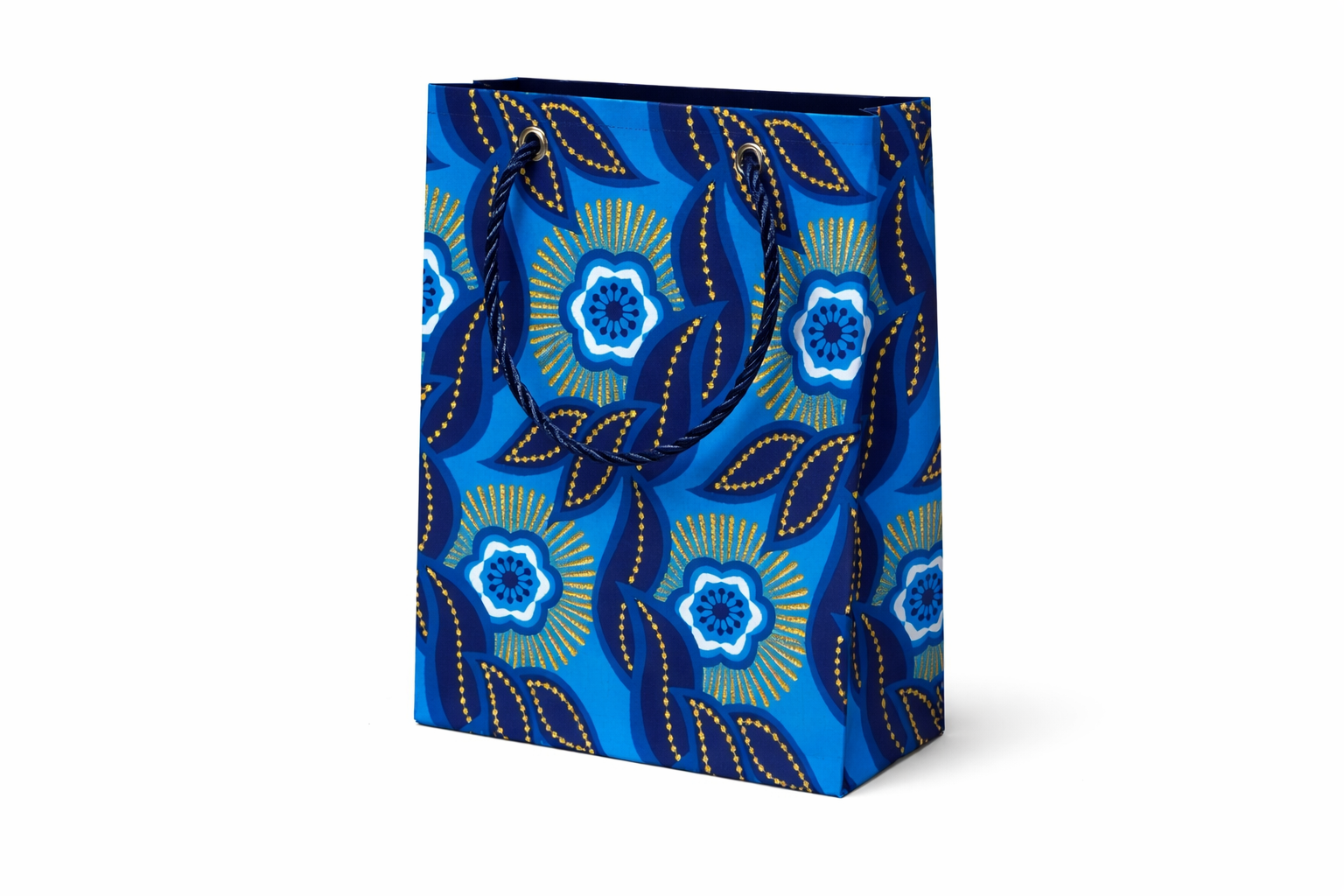 Blue, dark blue, white, & gold extra small gift bag on white background