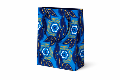 Blue, dark blue, white, & gold extra small gift bag on white background