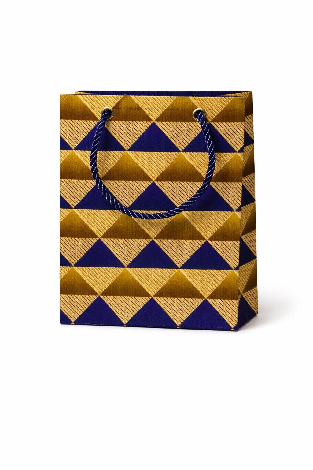 Gold, dark blue, brown extra small gift bag on white background